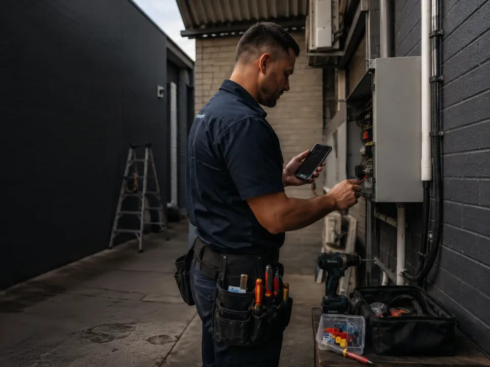An electrician at an open distribution board outside a building, phone in one hand, testing a circuit with the other.