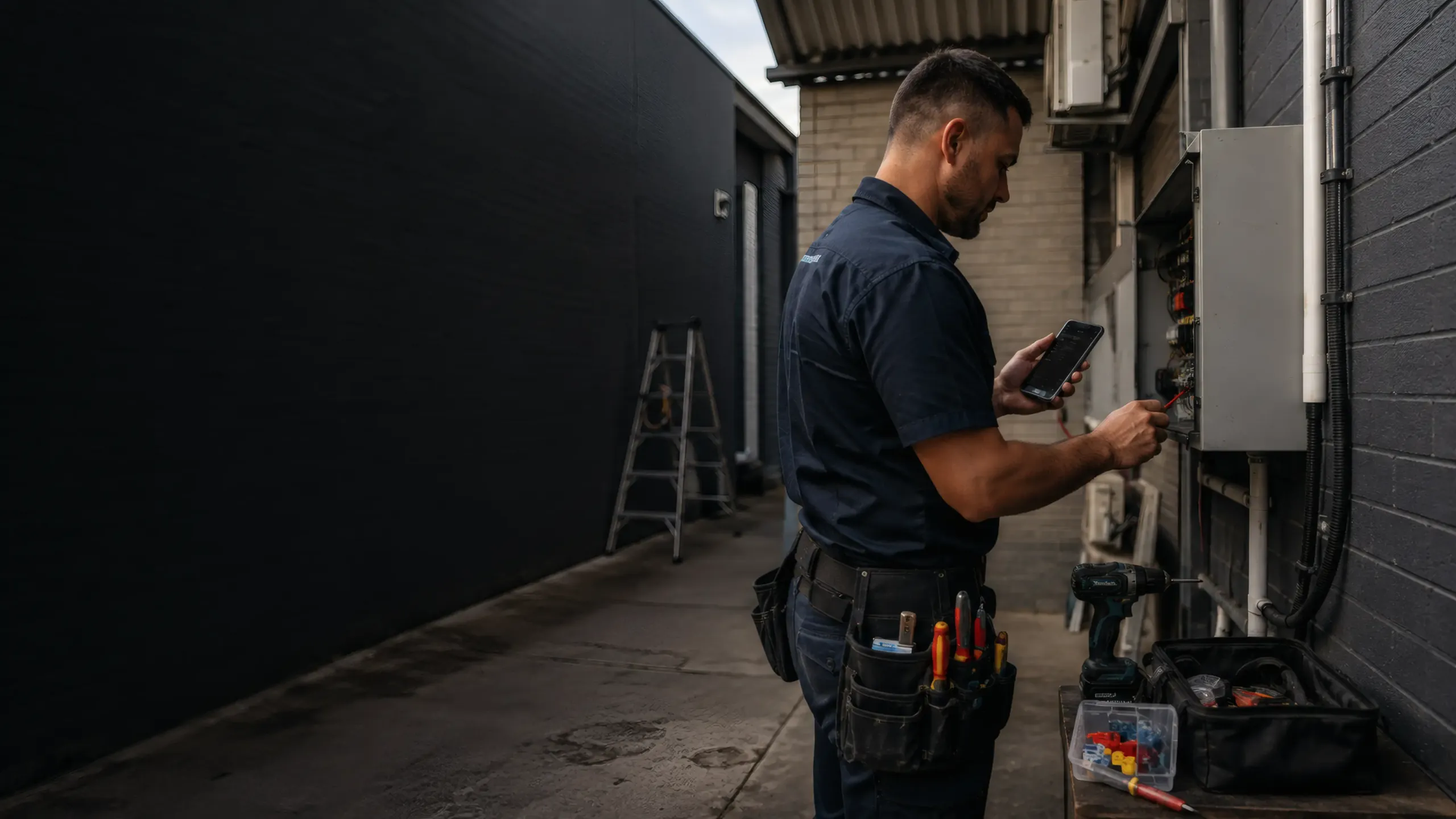 An electrician at an open distribution board outside a building, phone in one hand, testing a circuit with the other.
