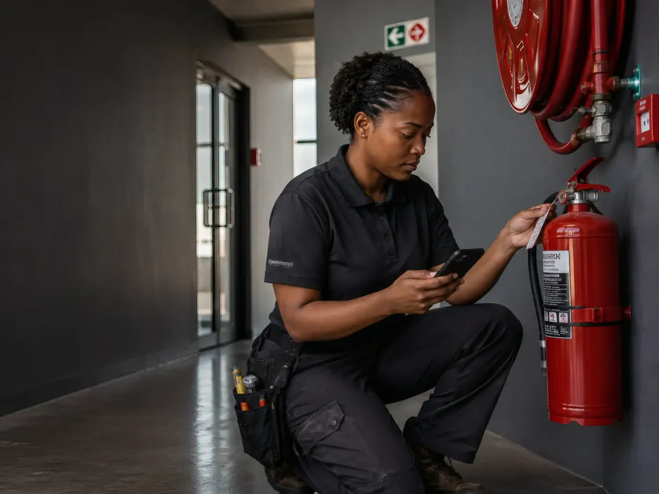 A fire and safety technician crouched at a fire extinguisher and hose reel, reading its inspection tag with a phone in hand.