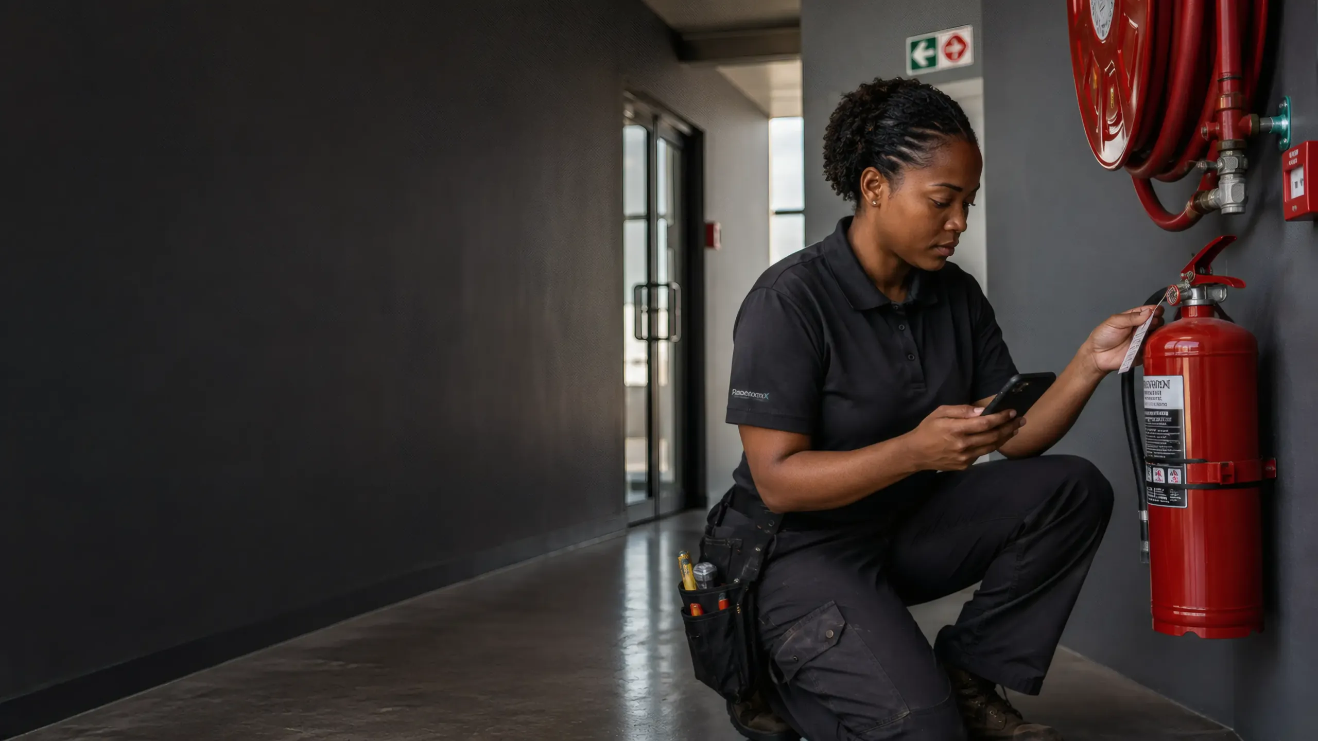 A fire and safety technician crouched at a fire extinguisher and hose reel, reading its inspection tag with a phone in hand.
