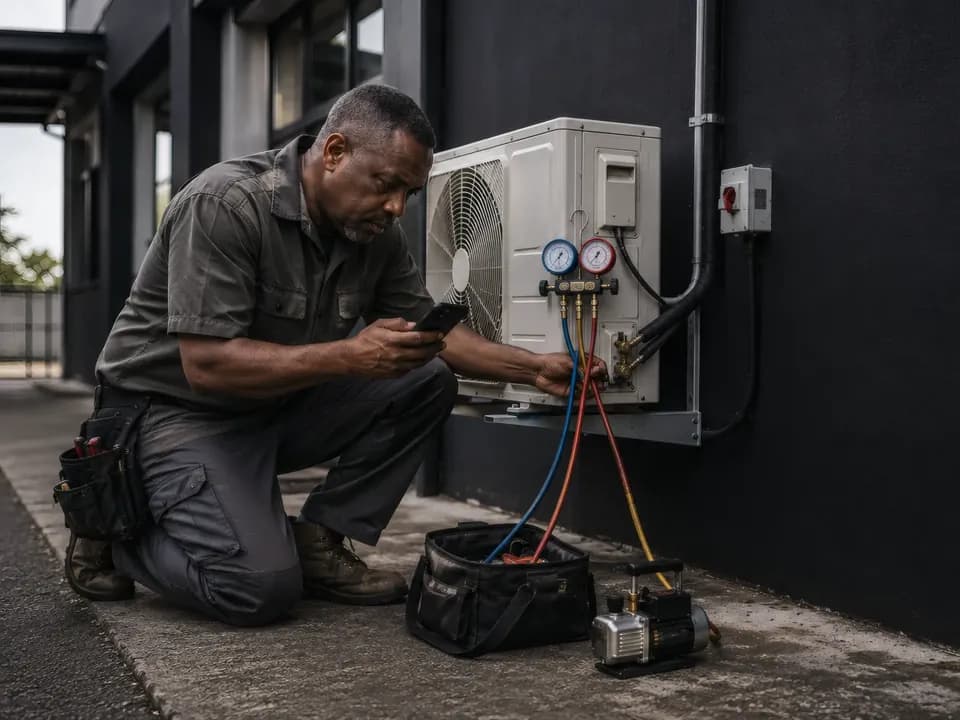 An HVAC technician kneeling at an outdoor air-conditioning unit with gauges connected, reading the phone.