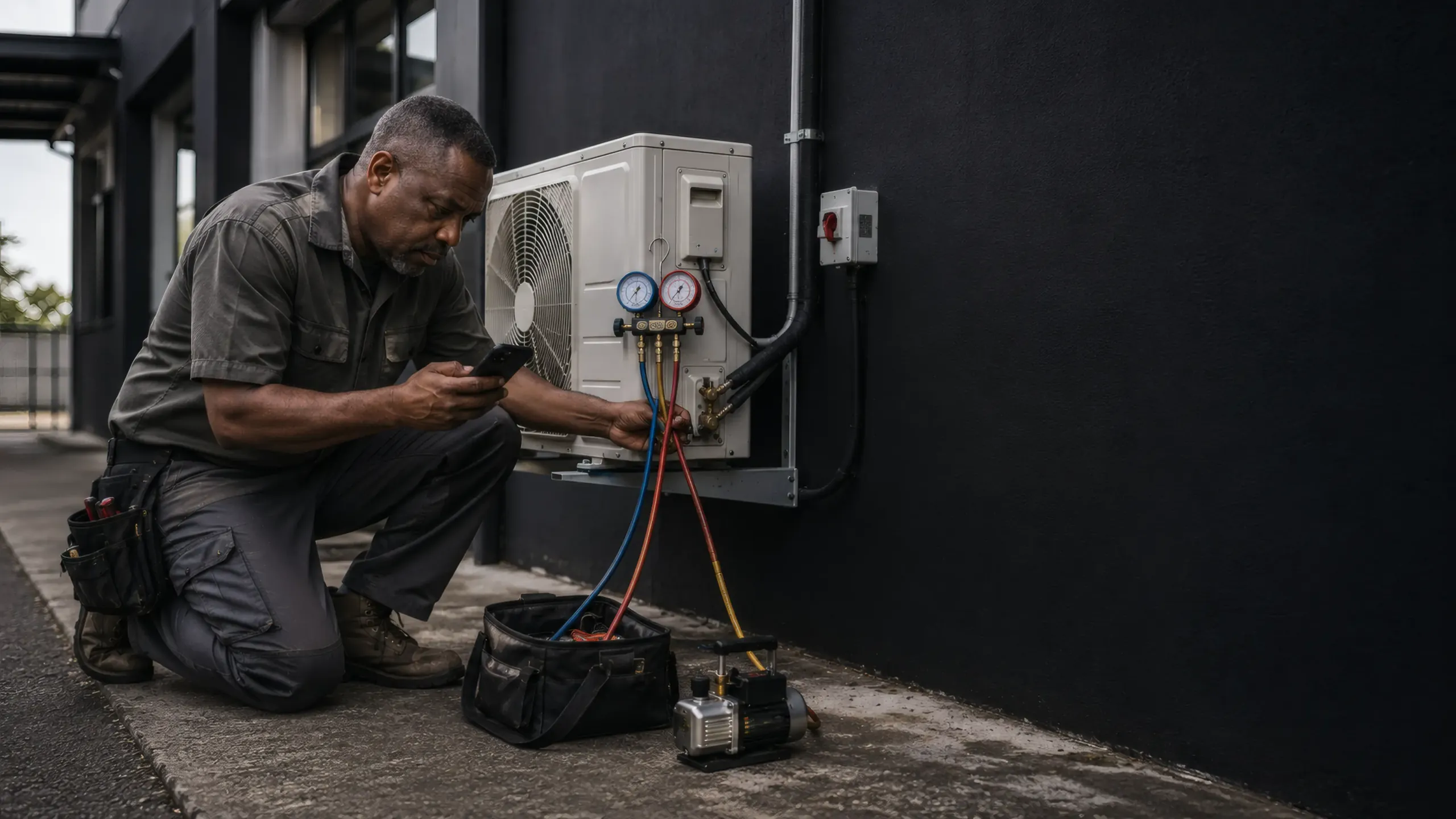 An HVAC technician kneeling at an outdoor air-conditioning unit with gauges connected, reading the phone.