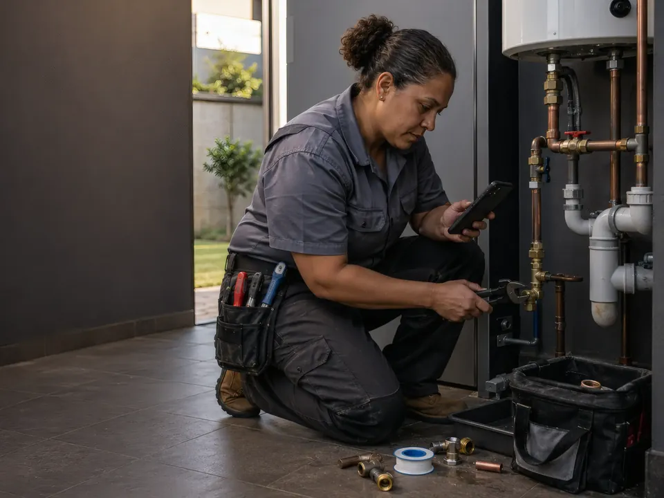 A plumber kneeling at a geyser's copper pipework with a wrench in one hand and a phone in the other, fittings on the floor beside her.