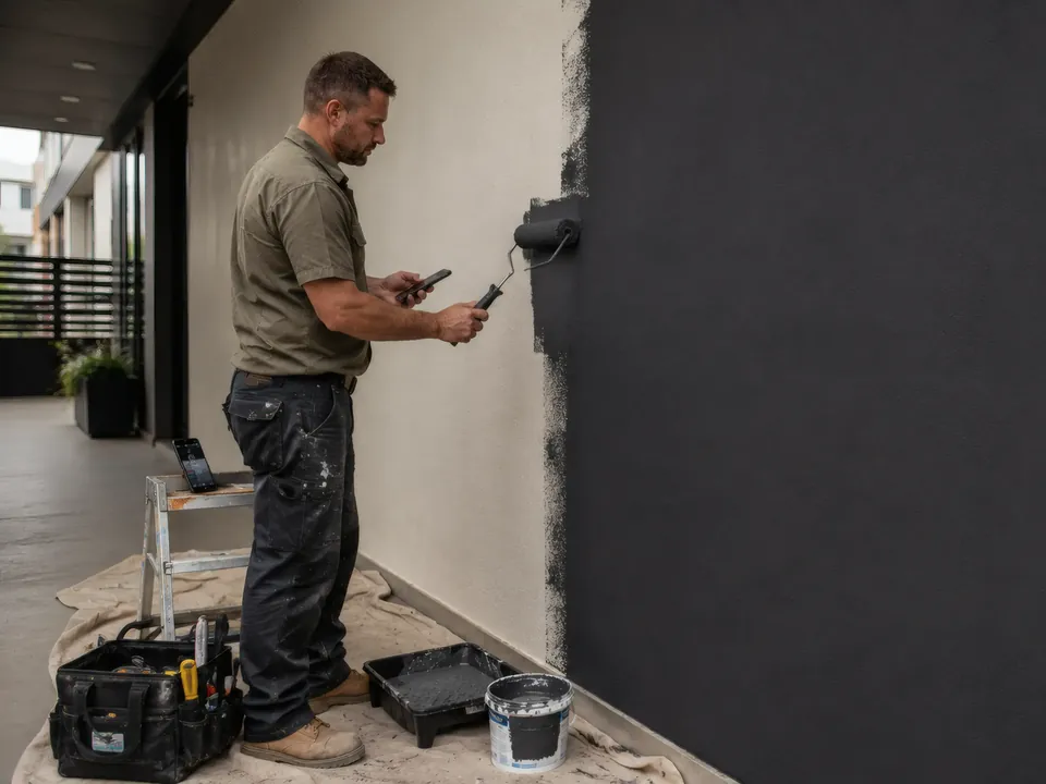 A maintenance technician rolling charcoal paint onto a wall, phone in the other hand, tools and a paint tray at his feet.