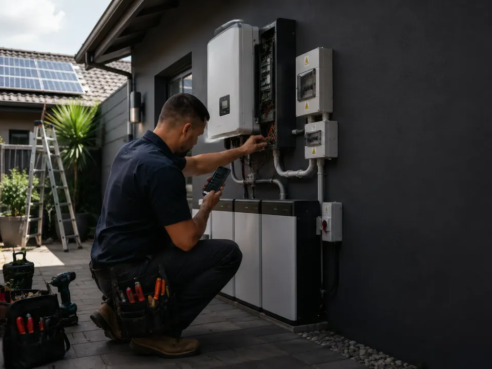 A solar installer crouched at a wall-mounted inverter and battery bank, checking the phone while working on the wiring.