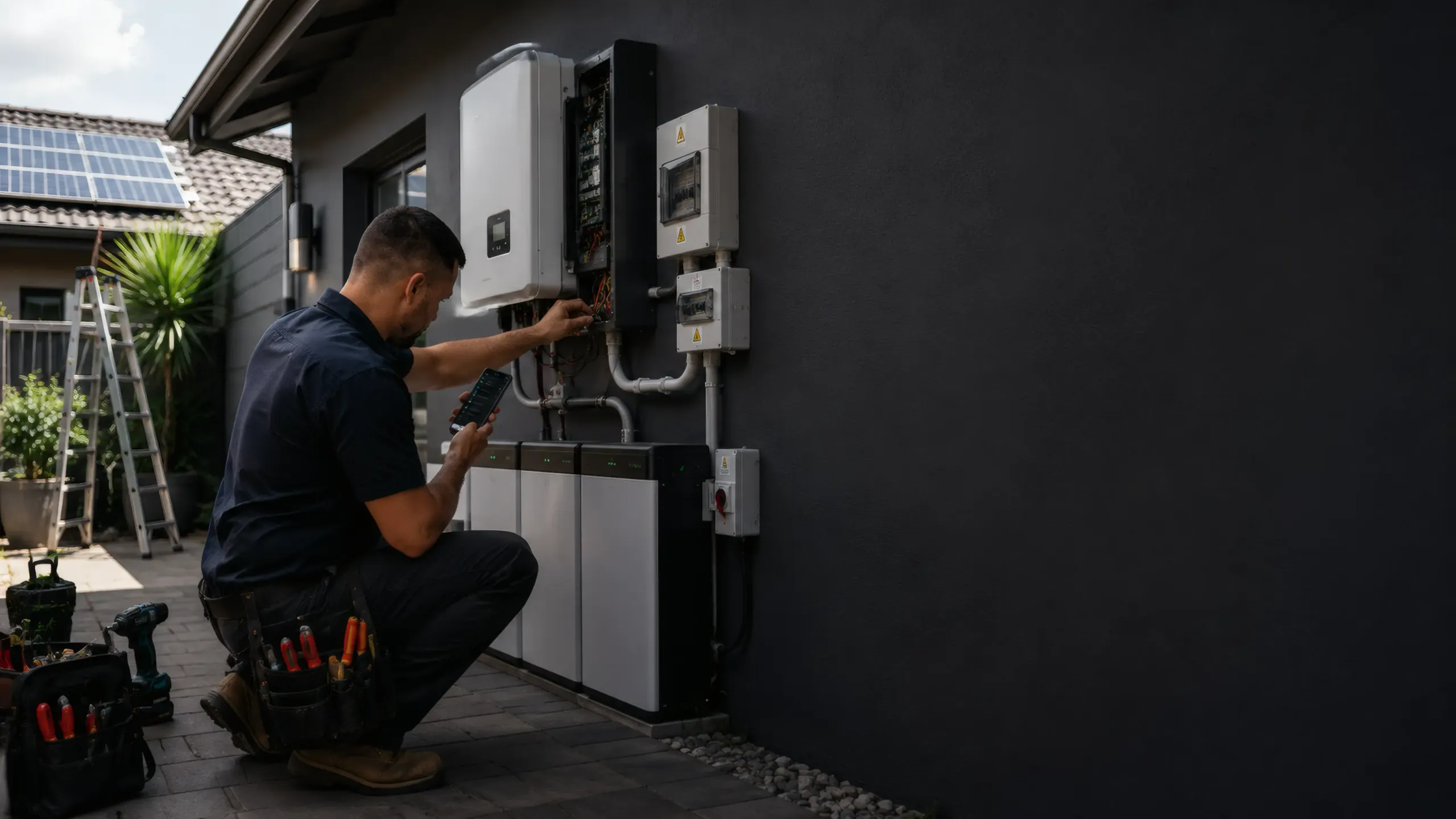 A solar installer crouched at a wall-mounted inverter and battery bank, checking the phone while working on the wiring.